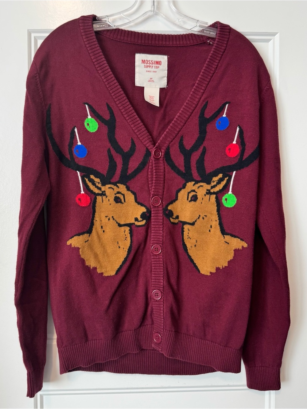 Mossimo Y2K Christmas Reindeer Cardigan Sweater Burgundy S/P